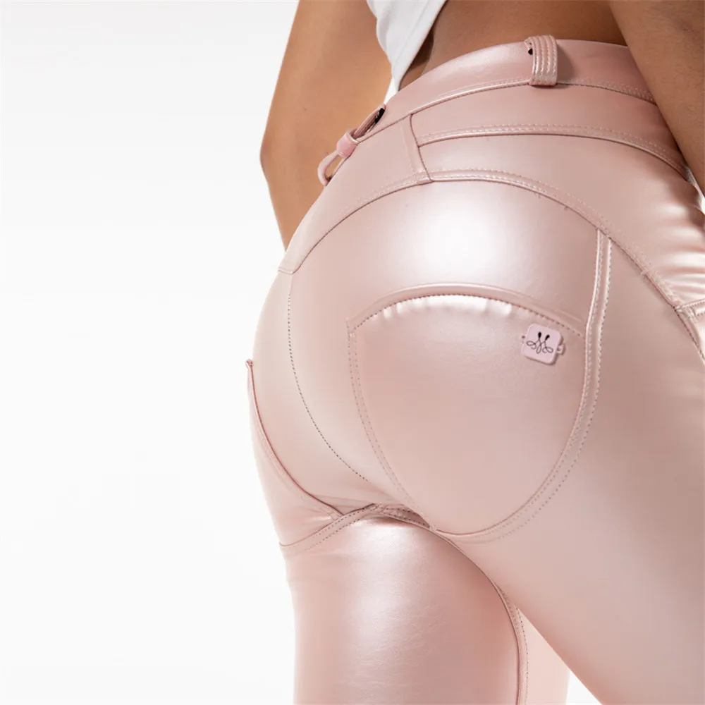 Fashion Middle Waist Metallic Pink Leather Pants For Women's Clothing Butt Lift Push Up Shaping Skinny Pencil Leggings