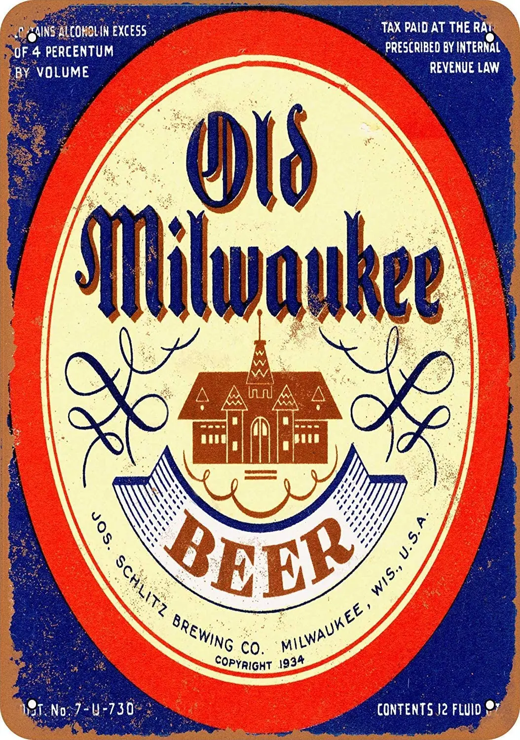 Металлический знак 8x12-пиво Milwaukee 1934 старого образца |