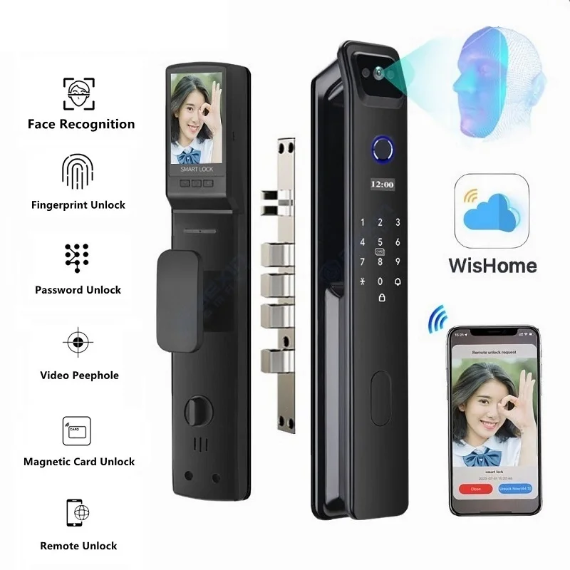 

3D распознавание лица, кошачий глаз, Визуальный дверной звонок, умный замок, сканер отпечатков пальцев, Wi-Fi, цифровой дверной замок, телефон с кодом, карта, разблокировка ключа