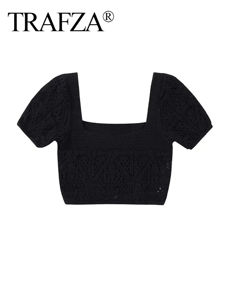 

TRAFZA Female Casual Clothing Black Square Collar Crochet Hollow Short Sleeve Pullovers Summer Elegant Sweater For Woman 2023