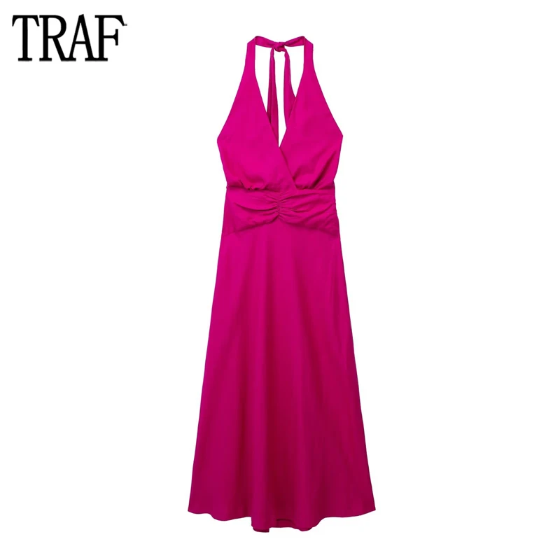 

TRAF 2023 Halter Long Dress Women Fuchsia Ruched Maxi Dress Woman Sexy Backless Party Dresses for Women Summer Evening Dress