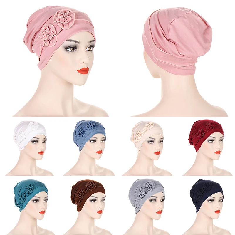 

2022 Bandanas Women Stretchy Turban Flower Muslim Hat Headband Warp Female Chemo Hijab Knotted Indian Cap Head Wrap for Women