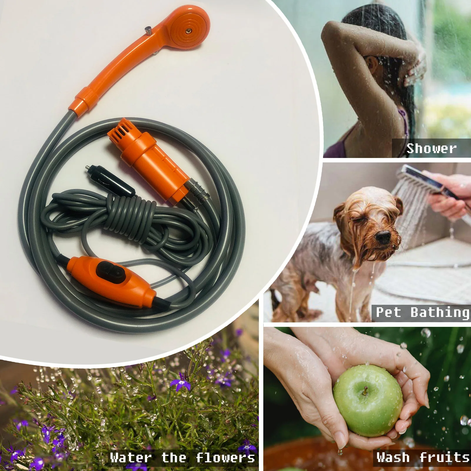 

Душевая лейка для кемпинга на открытом воздухе с водяным насосом и прикуривателем, портативный душ для путешествий, пешего туризма, пляжа, о...