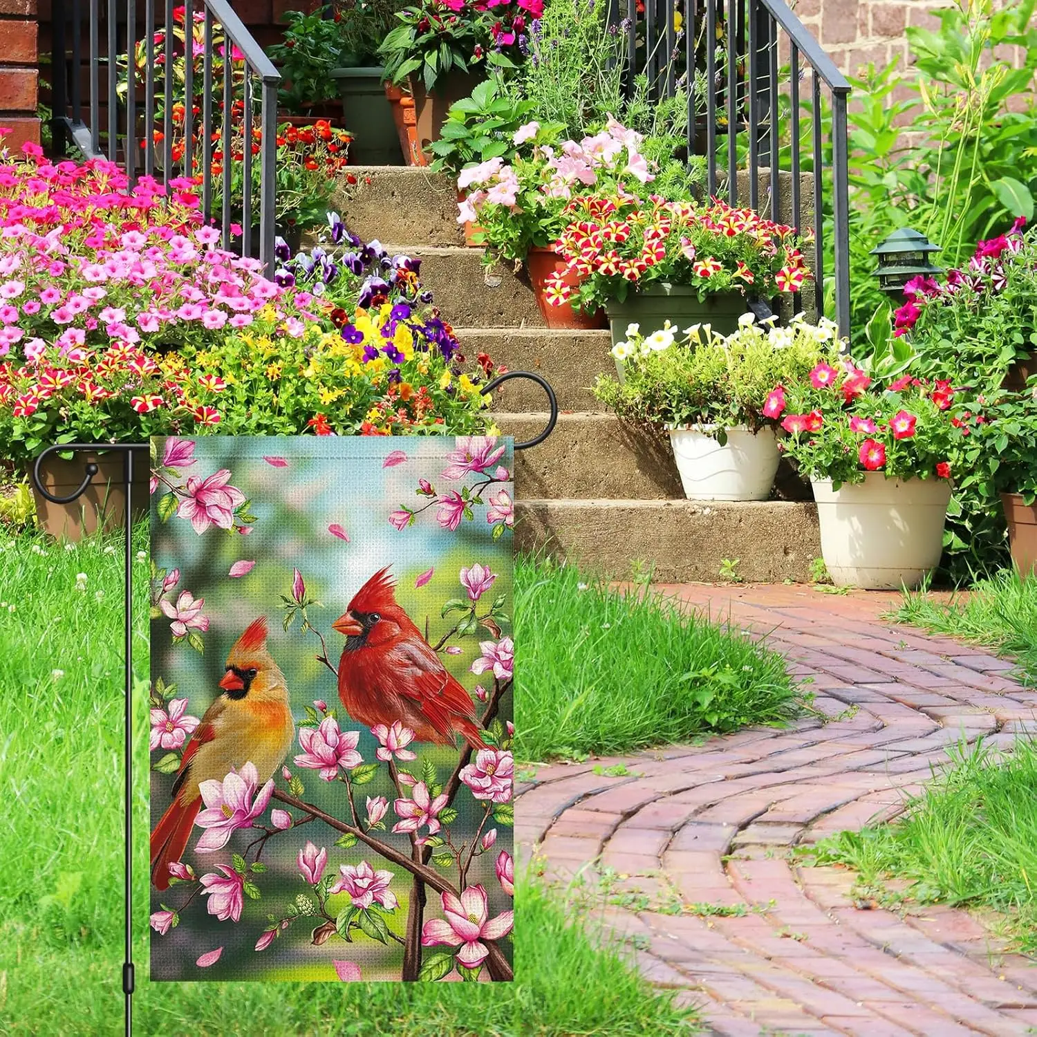 Фото Садовый флаг Heyfibro Spring Cardinal с цветами магнолии, 12x18 дюймов, двусторонний, из мешковины, с красным птичьим домиком, SSL №3