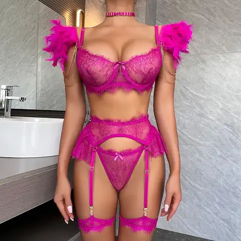 Luxury Intimate Feather Lingerie Sexy Porn Underwear Women Body Transparent Bra Metal Chain Lace Exotic 4-Piece Set
