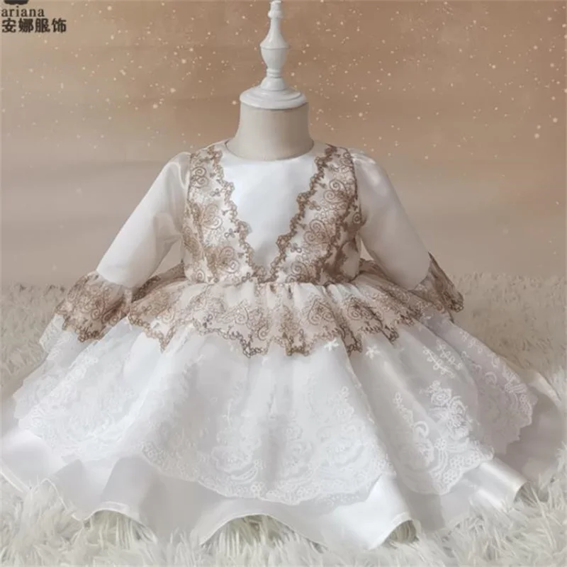 Children's loli vintage white long sleeve princess dress tutu lace satin party dress