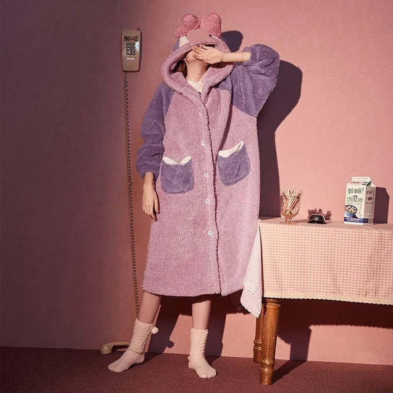 Warm Winter Cartoon Sleepwear Pyjamas Robes with Pants Kawaii Robes Winter Warm Coral BathrobeFleece Nightdress Flannel Bathrobe