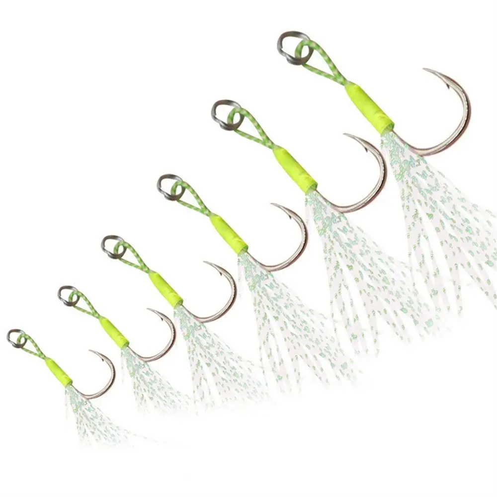 

10pcs/Lot Luminous Fishing Lure Slow Jigging Fishing Cast Jigs Assist Hook Barbed Single Hooks Thread Feather High Carbon Steel