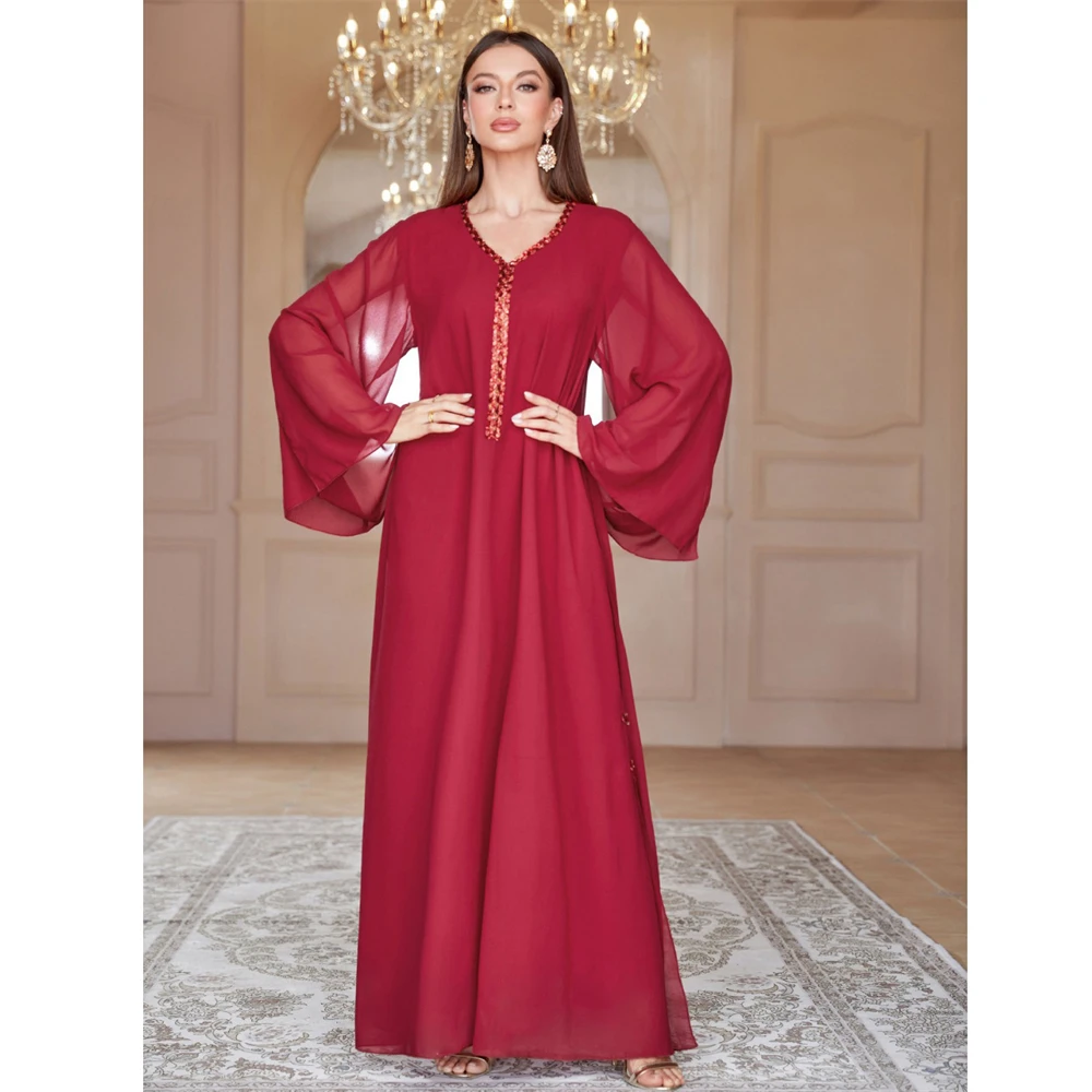 

New Red Diamonds Abayas for Women Muslim Dress Eid Mubarak Djellaba Marocain Jalabiya Islamic Clothing Dubai Kaftan Robe Vestido