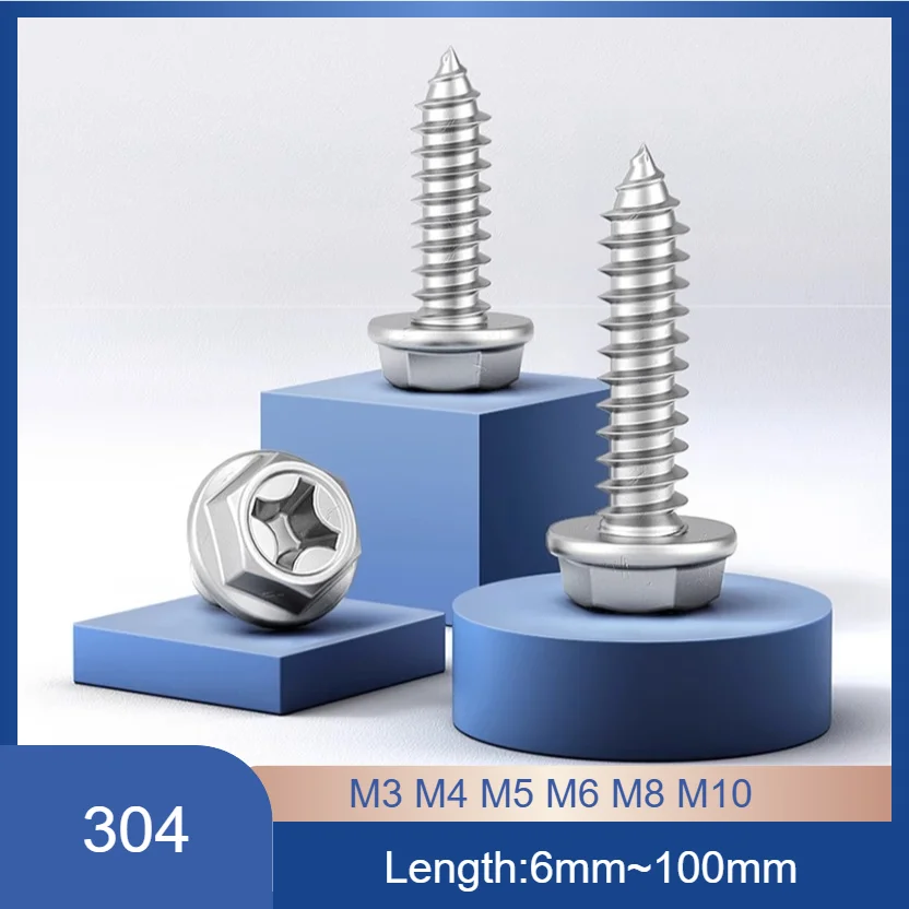 

Саморезы с шестигранной головкой Phillips из нержавеющей стали 304, встроенные винты по дереву с шайбой M3 M4 M5 M6 M8 M10