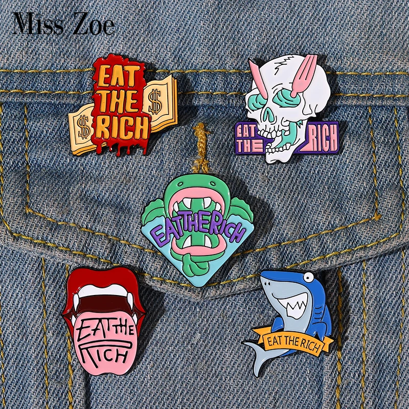 

Eat The Rich Enamel Pins Custom Piranha Shark Skeleton Mouth Brooches Lapel Badges Cool Punk Jewelry Gift for Friends
