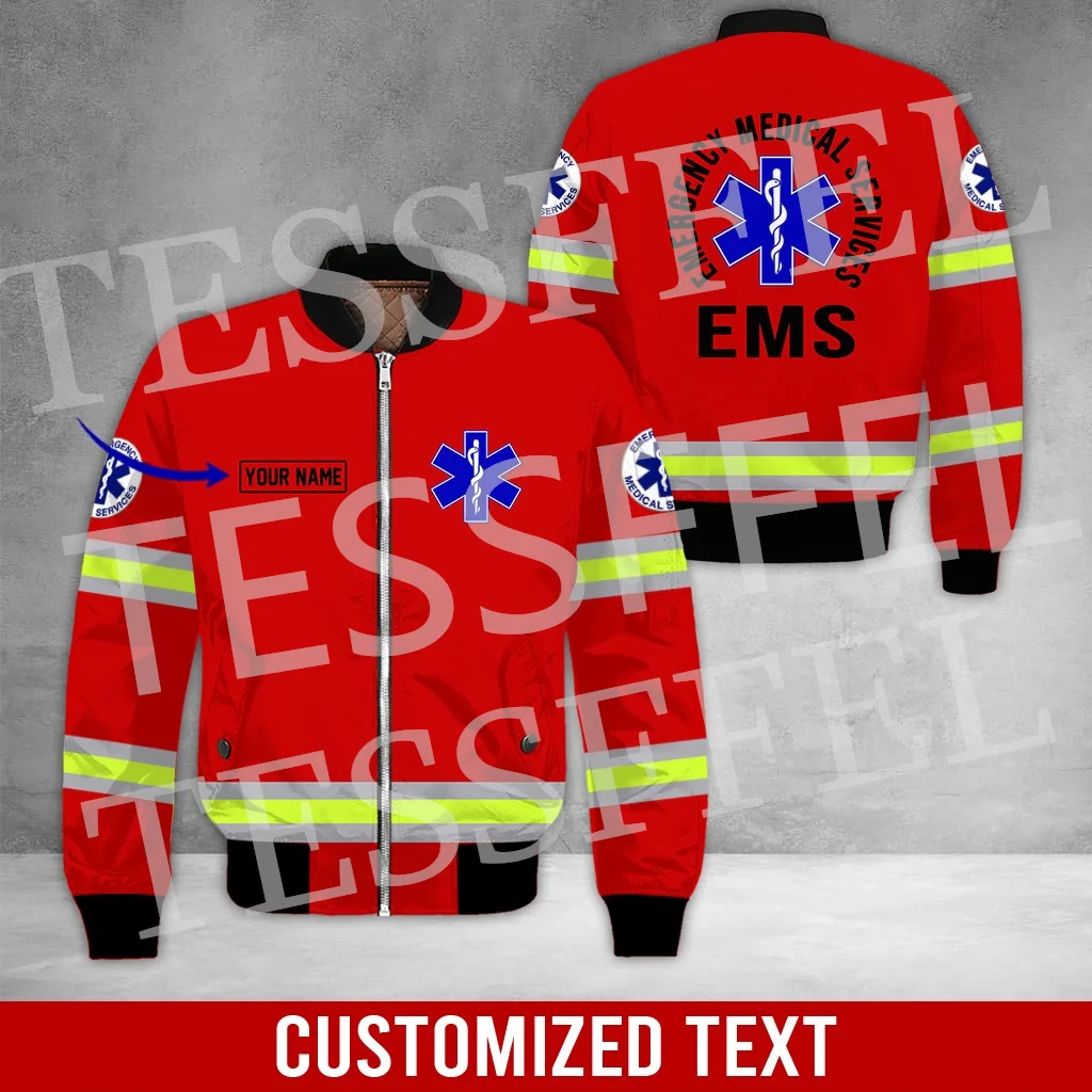 Custom Name Cosplay EMS EMT Medical Paramedic Nurse Worker Retro 3DPrint Harajuku Winter Windbreaker Warm Coat Bomber Jacket W