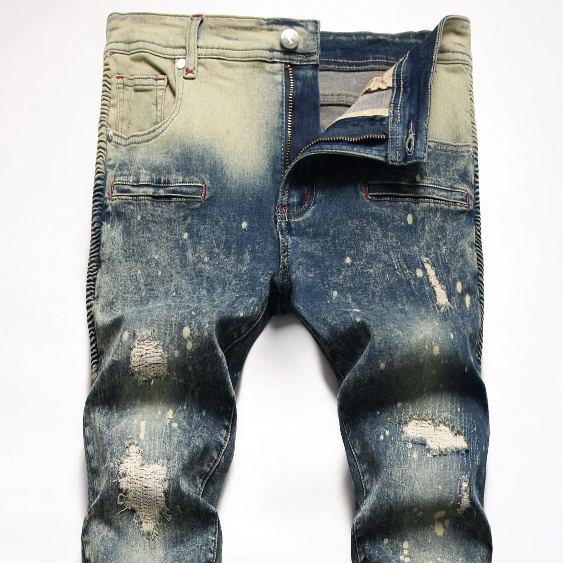 Fashion New Biker Jeans Men's Vintage Distressed Stretch Ripped Trousers Hip Hop Slim Holes Punk Denim Pants Jeans for Men