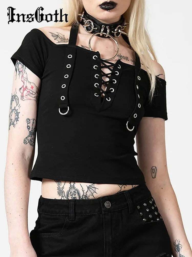 

InsGoth Off-Shoulder Eyelet Crop Top Gothic Backless Lace Up Party Corset T-shirt Mall Soild Black Harajuku Halter Cotton Tee