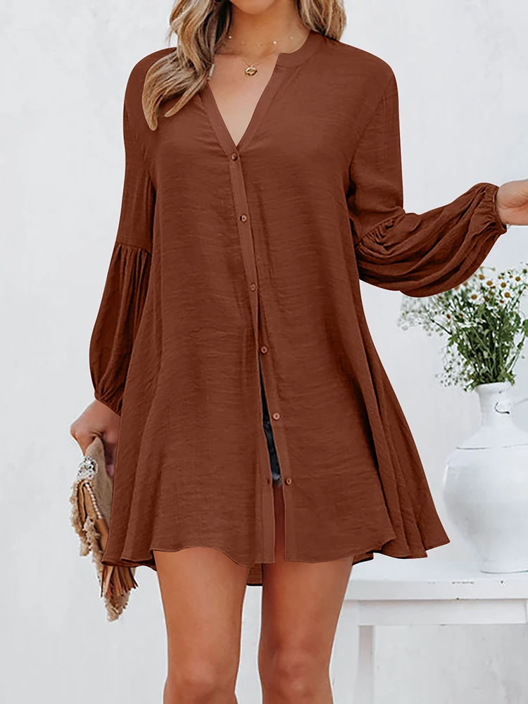 

Женское свободное платье-трапеция на пуговицах, повседневное однотонное платье с рукавами-фонариками и V-образным вырезом, элегантное черн...