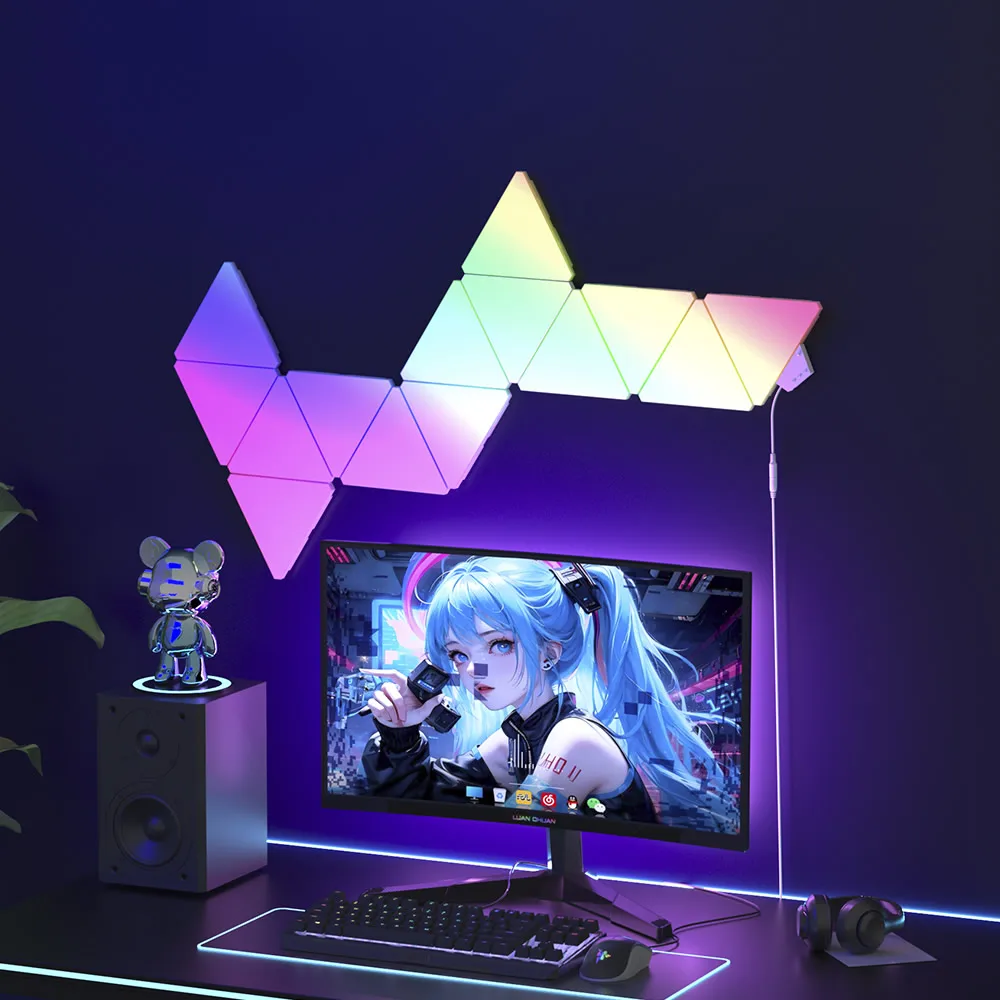 Фото Banqcn треугольные светодиодные игровые настенные светильники RGB для спальни, световые панели для умного дома, работает с приложением Alexa Google Assistant/голосом №5