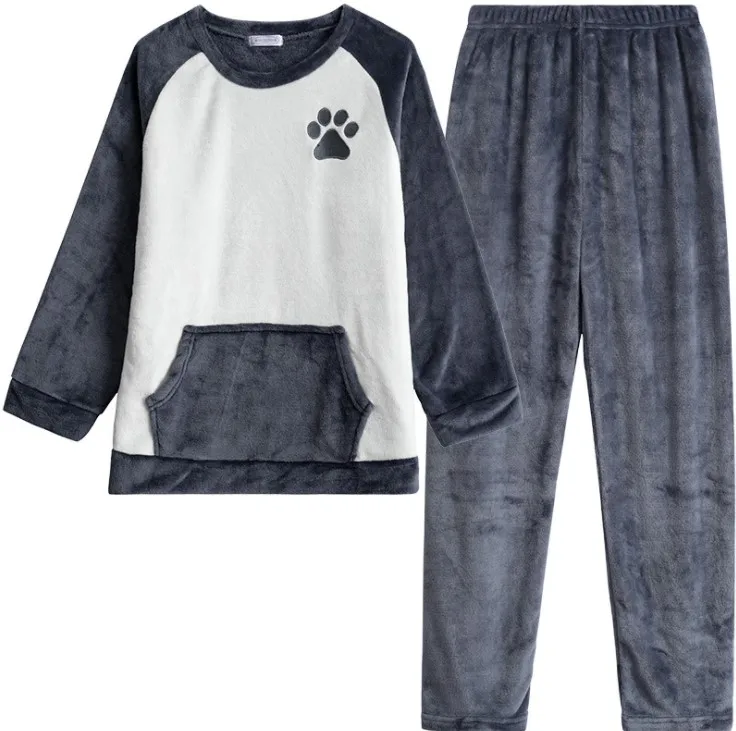 Men's Pajamas Set Autumn Winter Warm Flannel Thicken Male Pajamas Long Sleeve Sleepwear Top+Pants 2PCs Casual Homewear Clothes