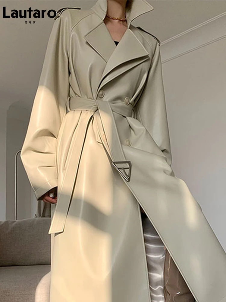 Lautaro Spring Autumn Long Faux Leather Trench Coat for Women Belt Double Breasted Luxury Elegant Fashion 2022