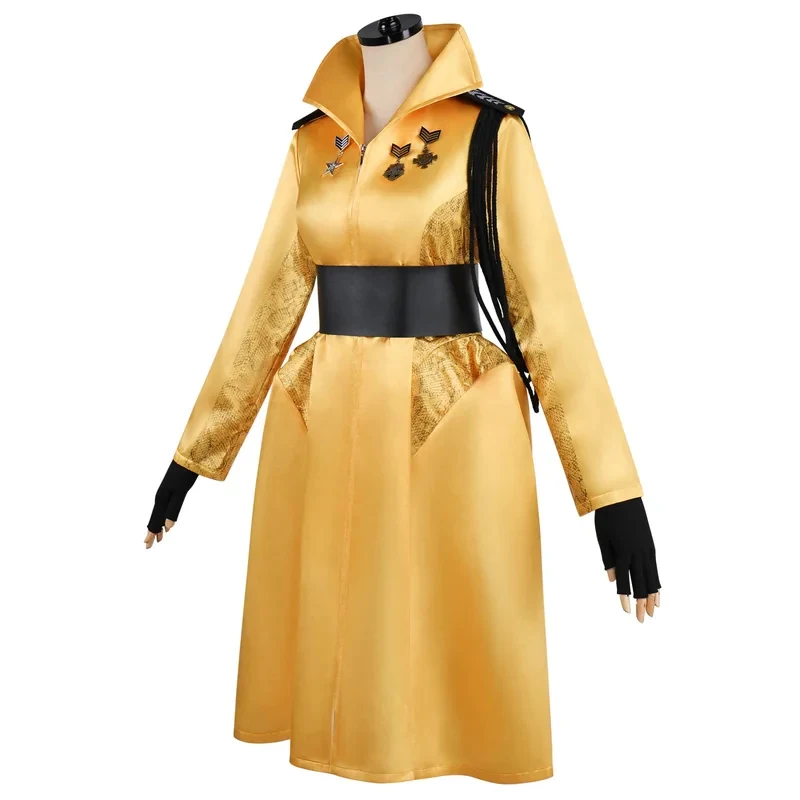 Фото Костюм для косплея ADFF15: Желтое ретро-платье Друсиллы из игры Hunger Games с нашивками и поясом, женская одежда для Хэллоуина и вечеринок №3