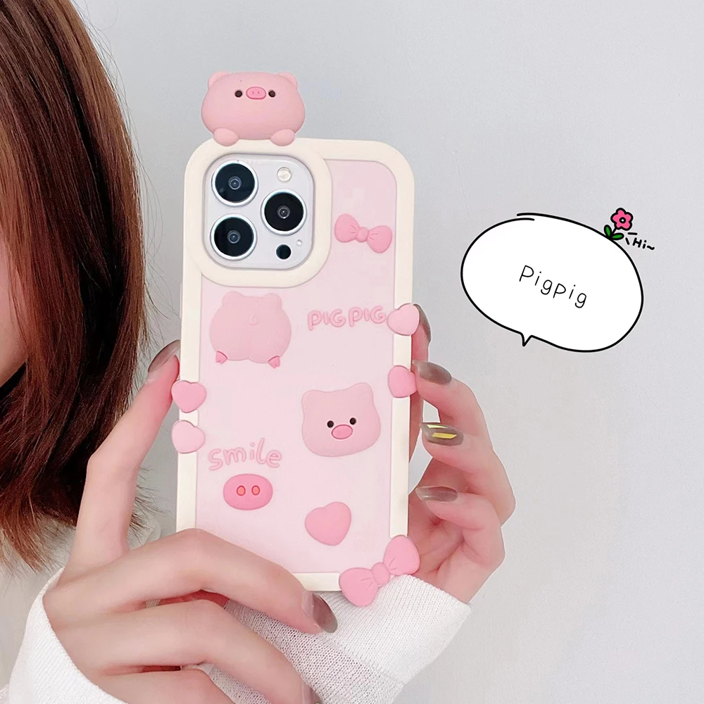 

Cute Cartoon 3D Pink Pig Phone Case Unique Fun Cover For iPhone 14 Pro Max 13 12 11 Cases Soft Silicone Shockproof for Girls