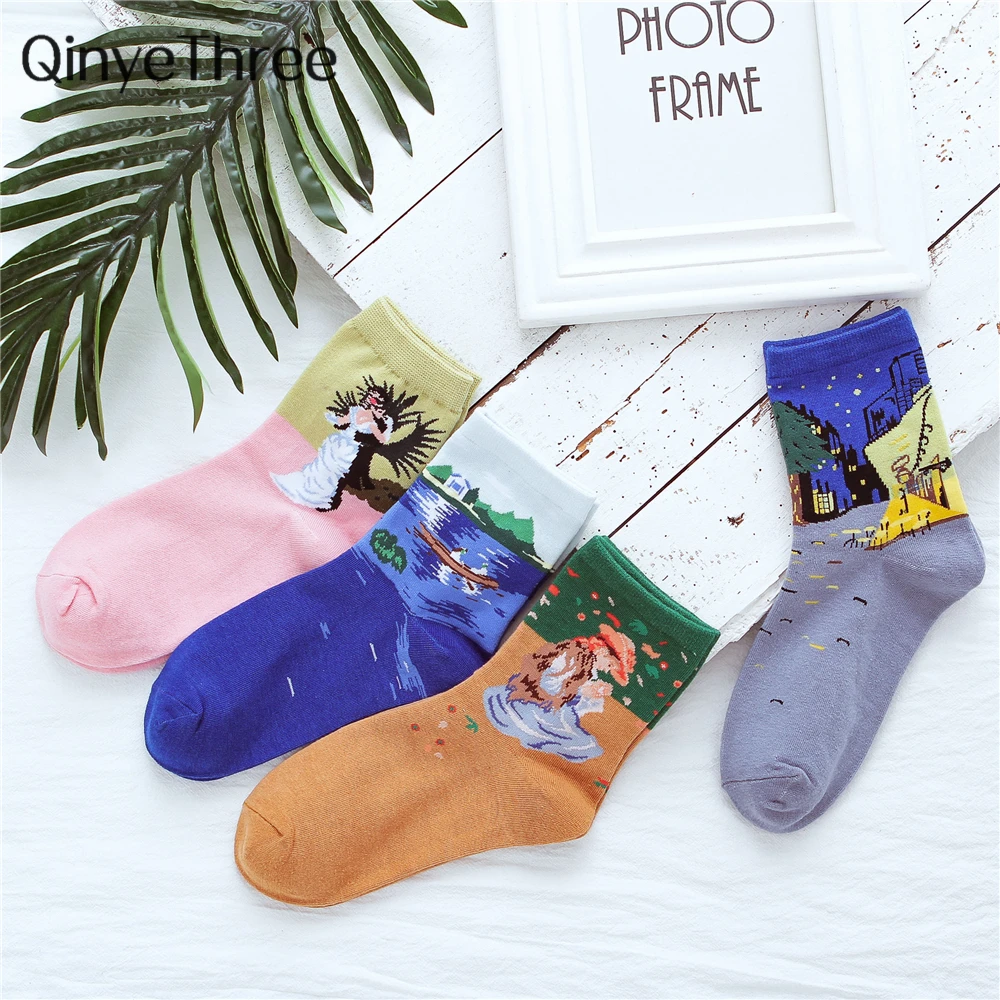 

New Autumn Winter Retro Women Art Mural World Famous Oil Painting Socks Funny Literary Romantic Sox Hot Christmas Gift Dropship