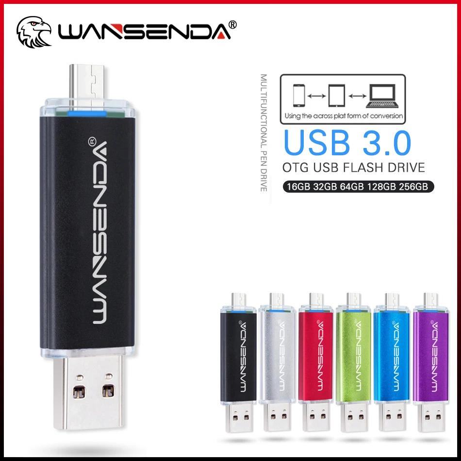 

WANSENDA USB 3.0 Flash Drive 16GB 32GB 64GB 128GB 256GB OTG 2 IN 1 Pendrive External Storage MicroUSB Stick for Android System