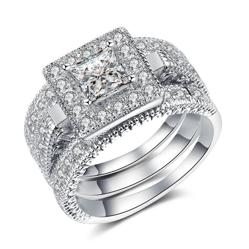 

3pcs/set Fashion Classic Bride Wedding Ring Tibetan Silver Micro Paved Natural Zircon Rings Sets for Women Engagement Jewelry