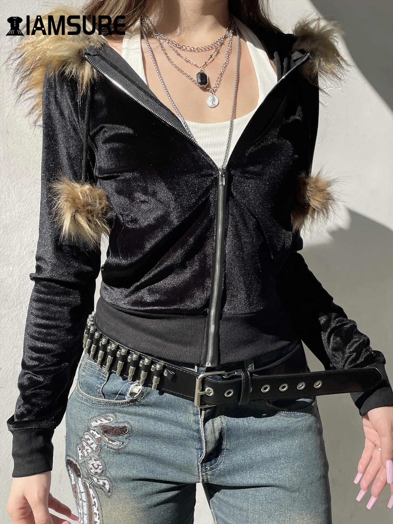 IAMSURE Костюм с мехом обшивка пальто молния толстовка длинными рукавами женская