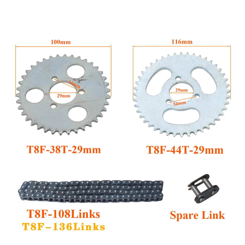 Цепная Звездочка 47cc 49cc T8F chain108 136 звеньев и 38 44 зубьев для мини-мотовездехода квадроцикла 2-тактные детали двигателя аксессуары