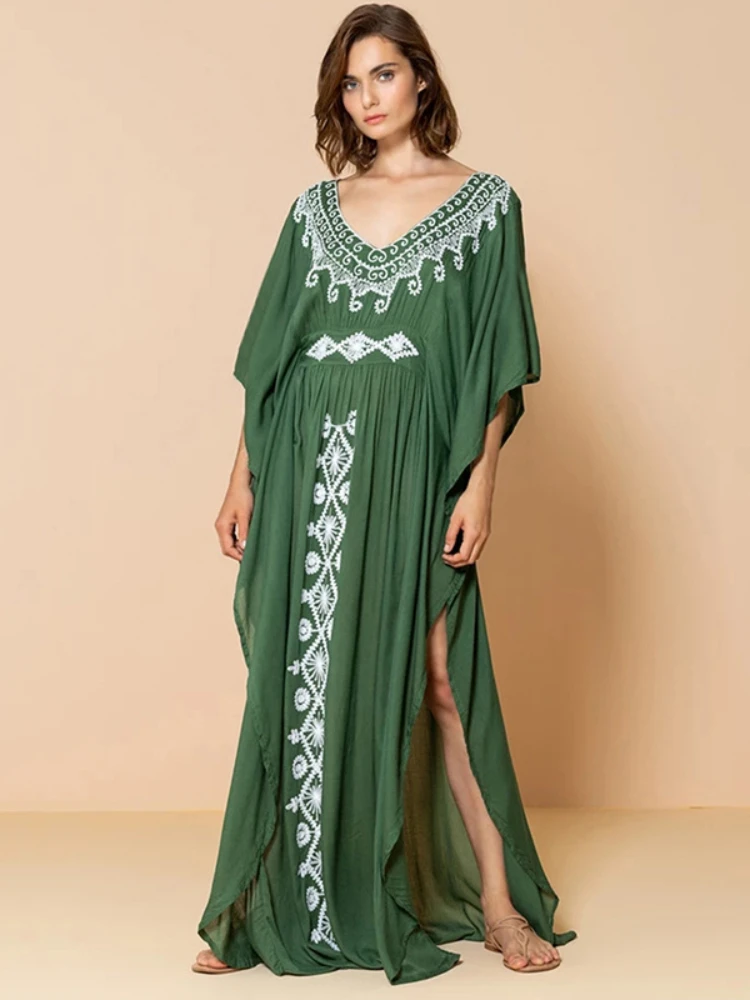 

Beach Cover Up Embroidery Summer Elegant Maxi Dresses Bohemian Green Black Kaftans for Women Holiday Bathing Suits