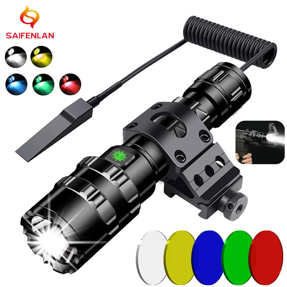 LED Tactical Hunting Torch Flashlight L2 18650 Aluminum Waterproof Outdoor Lighting with Gun Mount +Switch USB Rechargeable Lamp