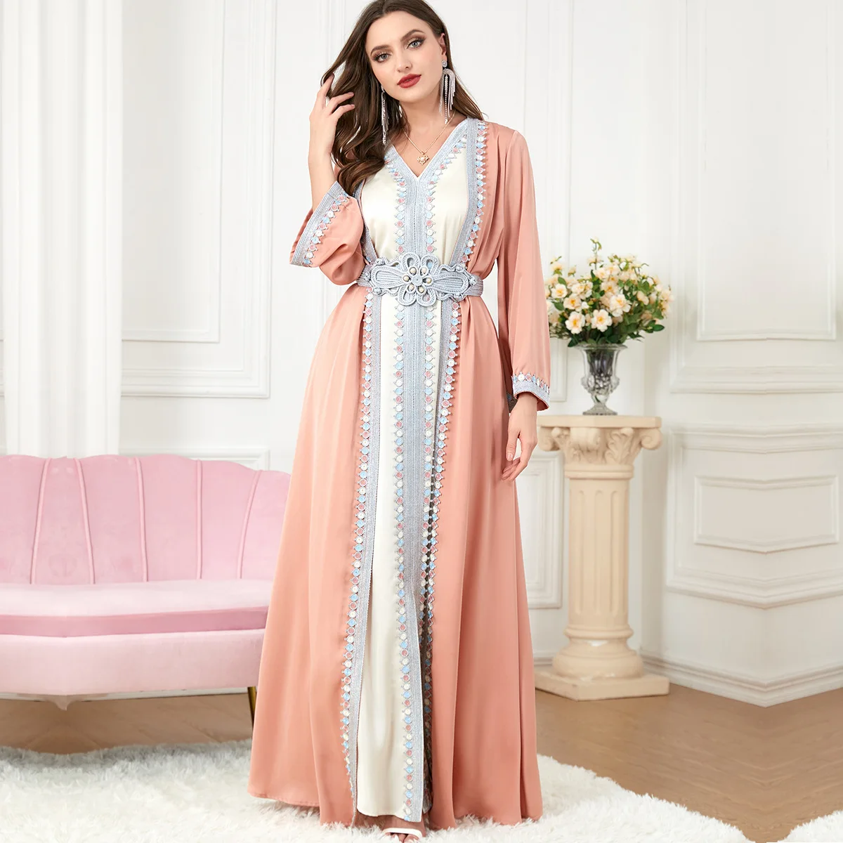 

2 Piece Abaya for Women Arabic Evening Dresses Morrocan Kaftan Gulf Dubai Jalabiya Islamic Long Dress Ramadan Eid Muslim Set