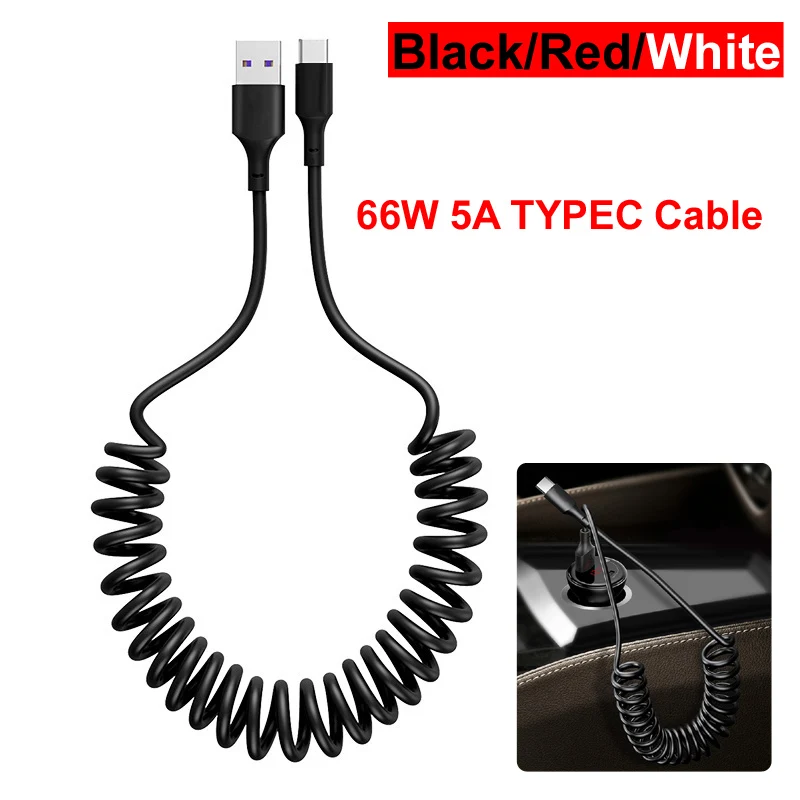 

66W 5A USB A Type C 0.5M-1.5M Flexible Spring Pull Retractable Telescopic Fast Charging DATA Sync Cable For Huawei Phone Car