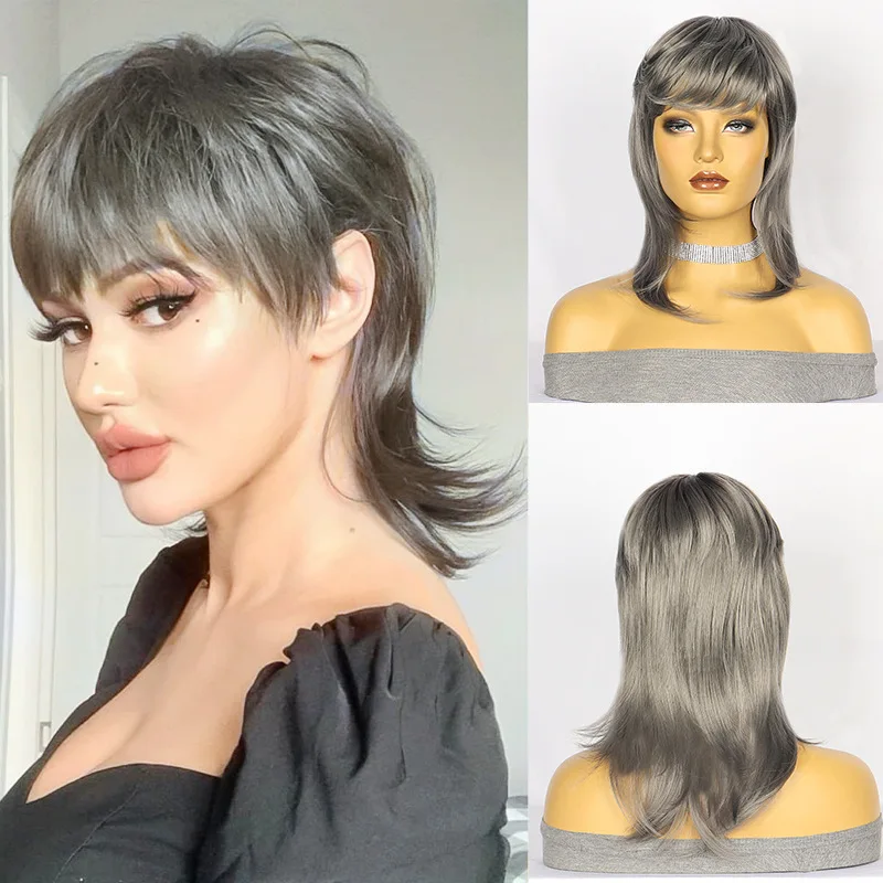 

16 inch Short Curly Synthetic Hair for White Women Wig Wavy Pixie Cut With Bangs Layered None Lace Front For Daliy Party Use