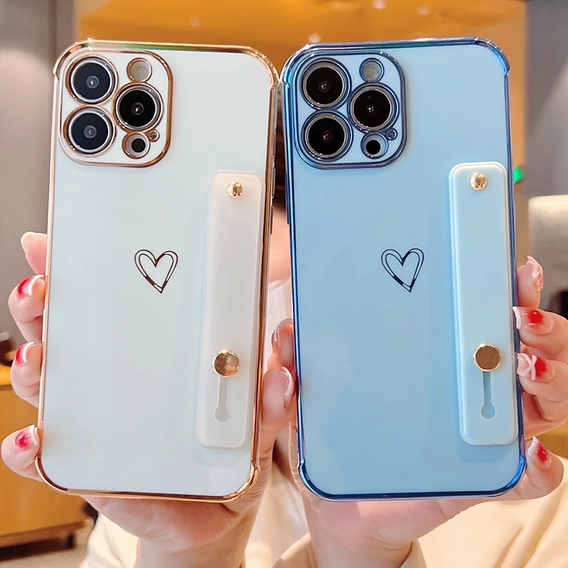 

Soft Love Heart Wrist Strap Phone Case For iPhone 11 12 13 Pro Max X XR Xs Max 7 8 Plus Mini SE 2020 Kickstand Cases Cover