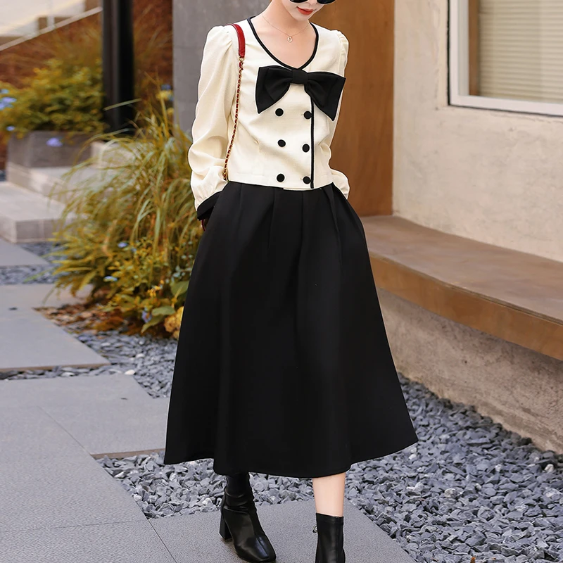 

Fashion Women Solid Skirts Sets Small Fragrance Summer Female Elegant Double Breasted Bow Short Coats Mid-Calf A-Line Skirt