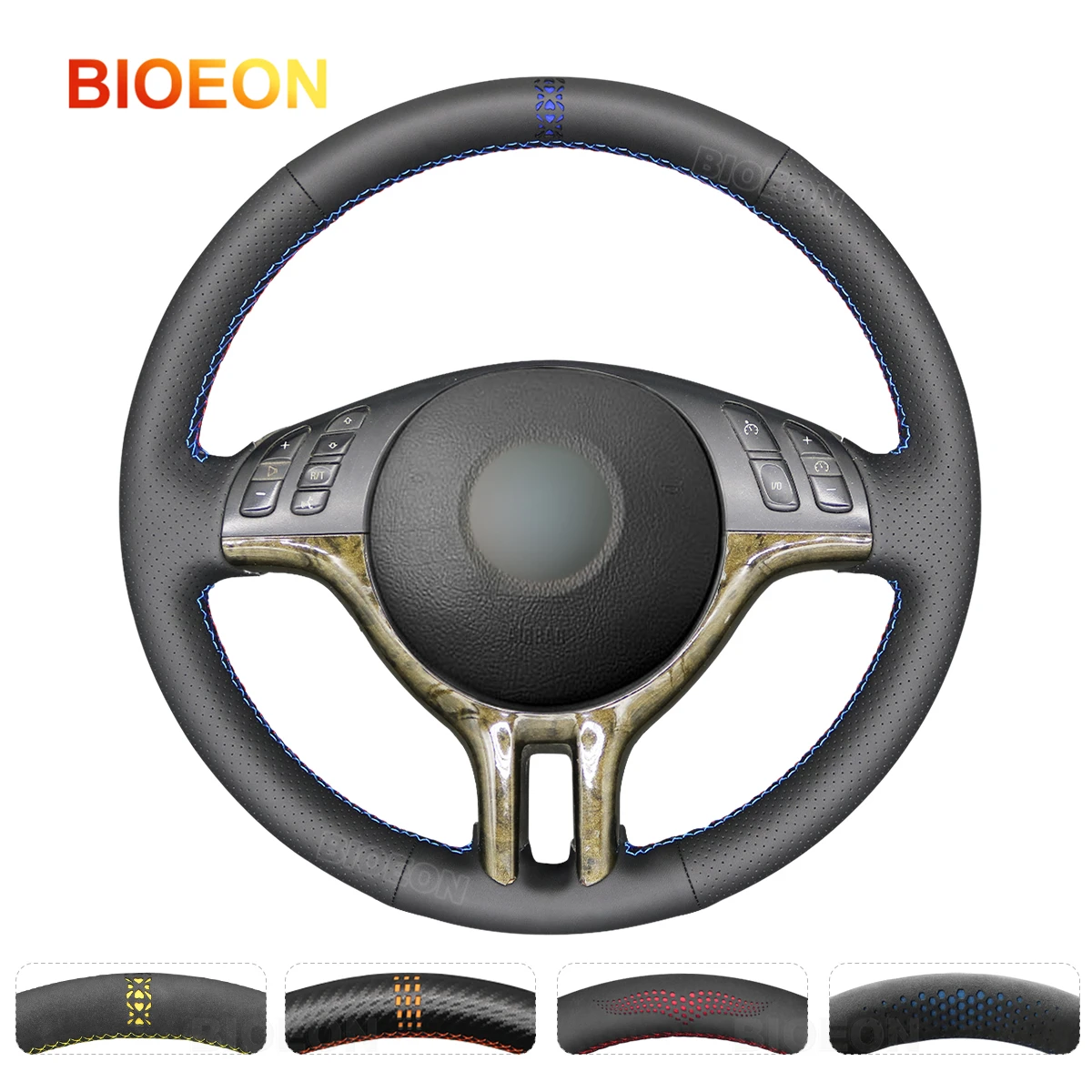 

BIOEON Steering Wheel Cover for BMW E46 318i 325i 330ci E39 X5 E53 Z3 E36/7 E36/8 Hand-stitched Black Artificial Leather Wrap