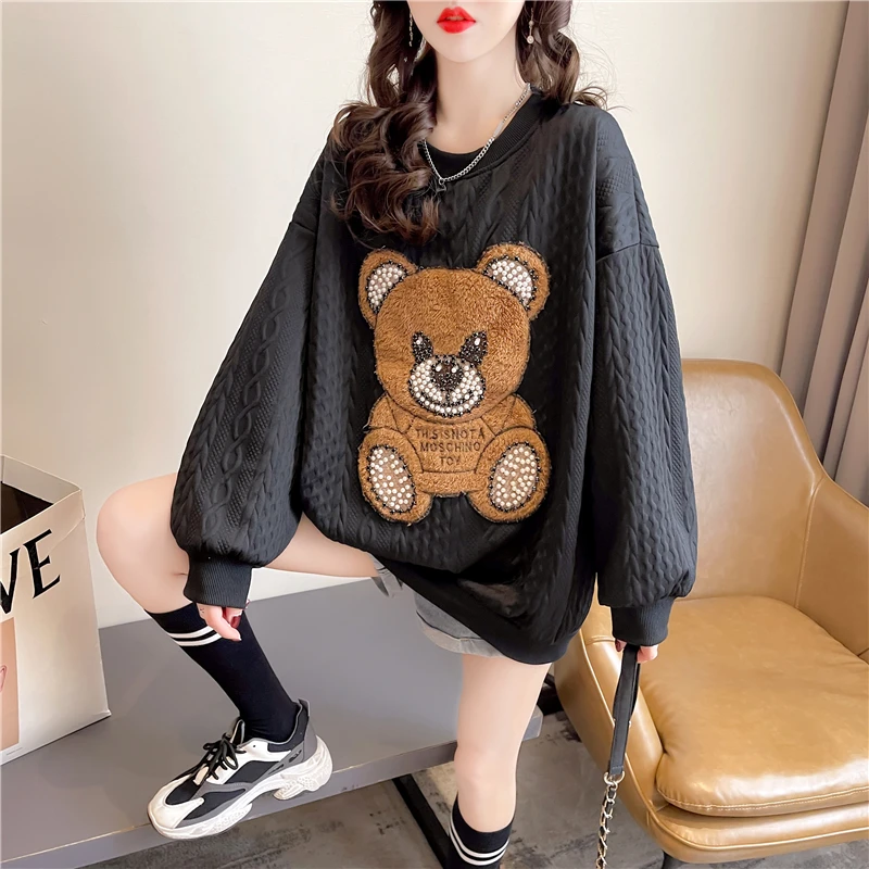 

Kawaii Bear Flocking Embroidery Women Long-Sleeved Round Neck Oversized Sweatshirt Autumn Korean Fashion Harajuku Top Streetwear