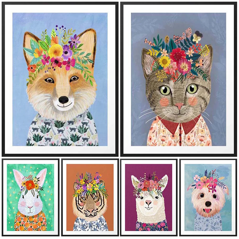 

Cat Flower Animal Fox Nursery Cartoon Nordic Poster Kids Room Wall Art Canvas Painting Wall Pictures For Living Room Unframed