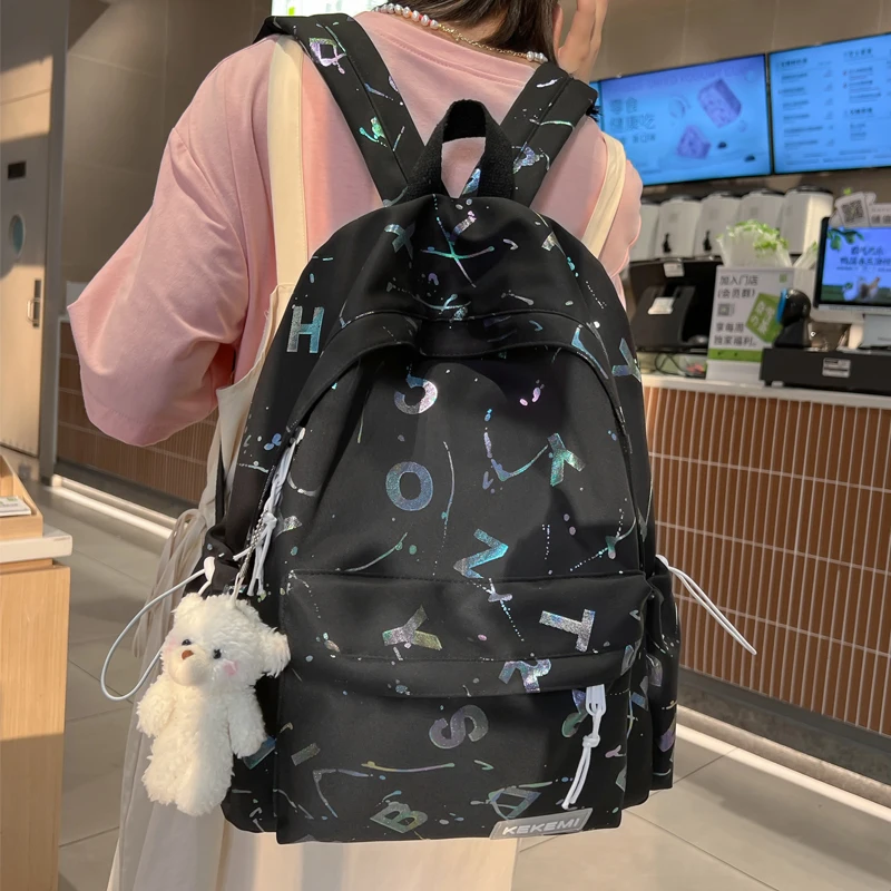 

Модный черный рюкзак с надписью для женщин и мальчиков, модная Водонепроницаемая школьная сумка, сумки на плечо для девочек-подростков, мил...