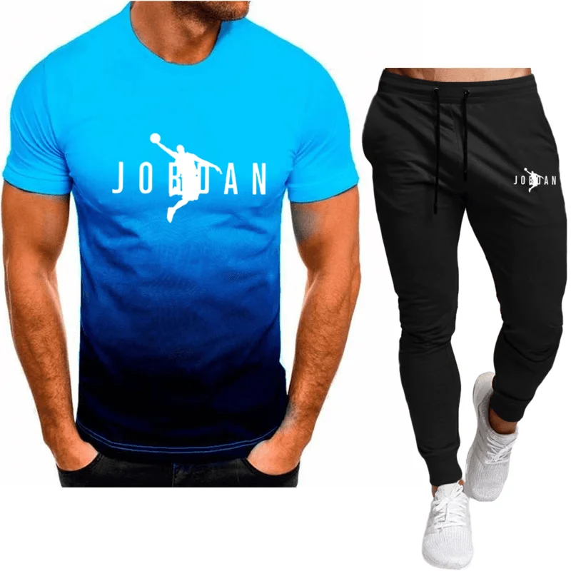 Summer men's fashion breathable top T-shirt, hot summer casual two-piece suit, running fitness sweat-absorbing sports suit