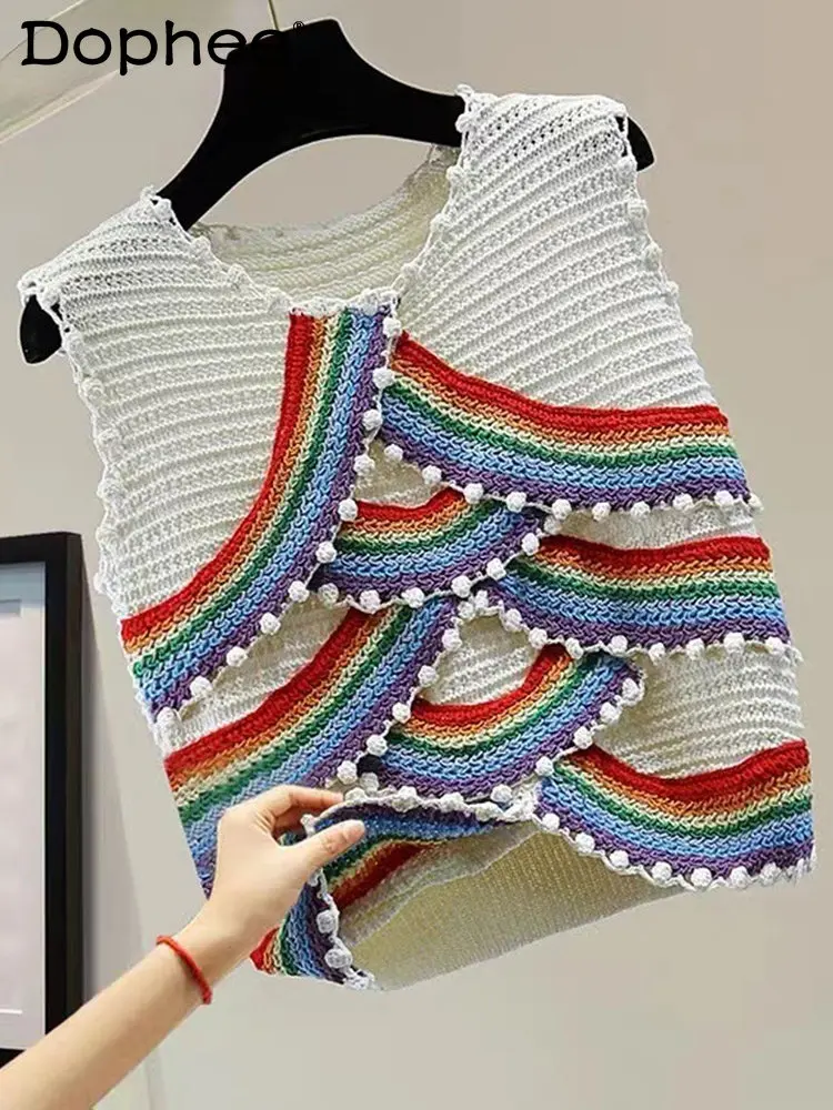 

Fashion Rainbow Striped Vest Knitted Pullover Women's Design New O-neck Long Sleeve Sweater Female 2022 Autumn