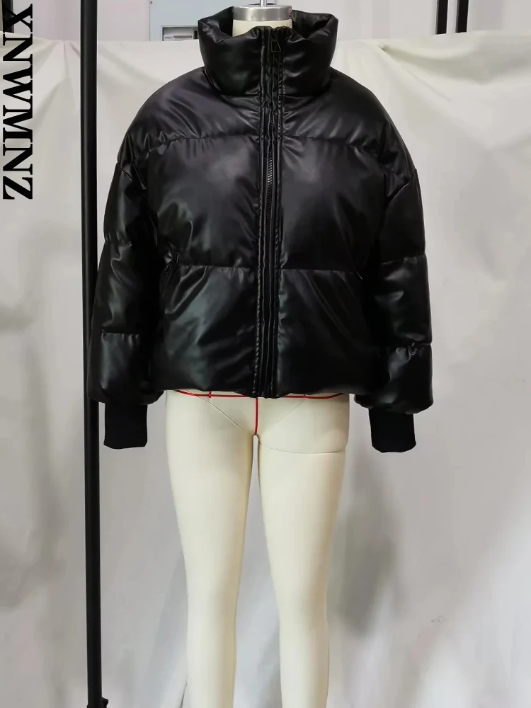 XNWMNZ 2022 Women Fashion Faux Leather PU Cotton Jacket Woman Winter Coat Parka Thickened Warm Coat Female Chic Coat