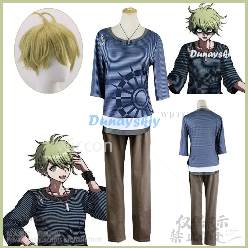 Аниме игра Danganronpaaa V3 Косплей Rantaro Amami Костюм Синий полосатый топ Коричневые брюки