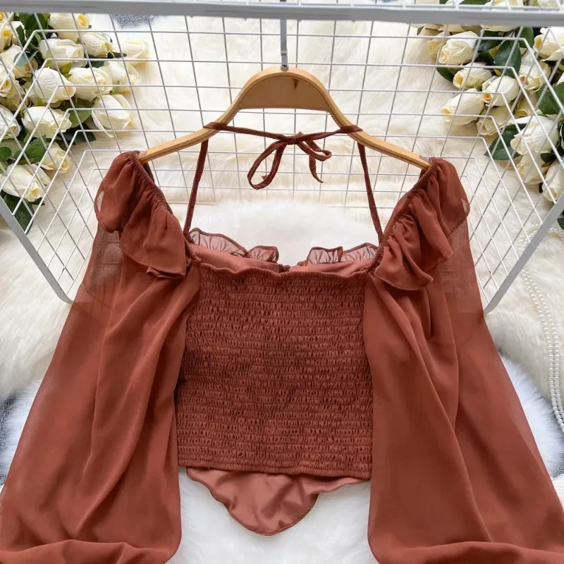 SINGREINY-шифоновые топы с расклешенными рукавами для женщин рюши однотонная