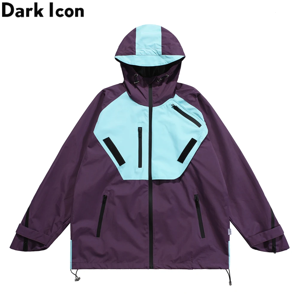 

Dark Icon Patchwork Color Contrast Pockets Windbreak Jackets Men Women Autumn Outerwear Hooded Jacket