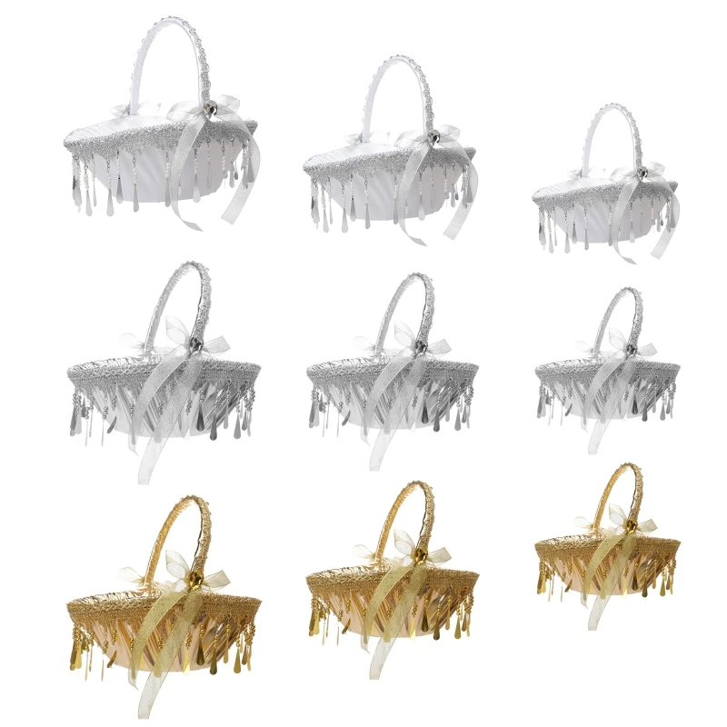 

Flower Basket Suitable for Wedding Ceremony Satin Flower Girl Baskets with Handle Tassels Lace & Bows Decor Gold Silver