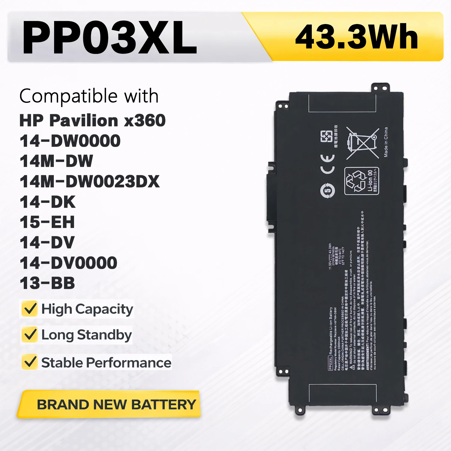 Фото Аккумулятор PowerHub PP03XL PV03XL для ноутбуков HP Pavilion x360 13-BB 14-DV 14-DW 14M-DW 14-DK 14 Series HSTNN-LB8S DB9X OB1P №1