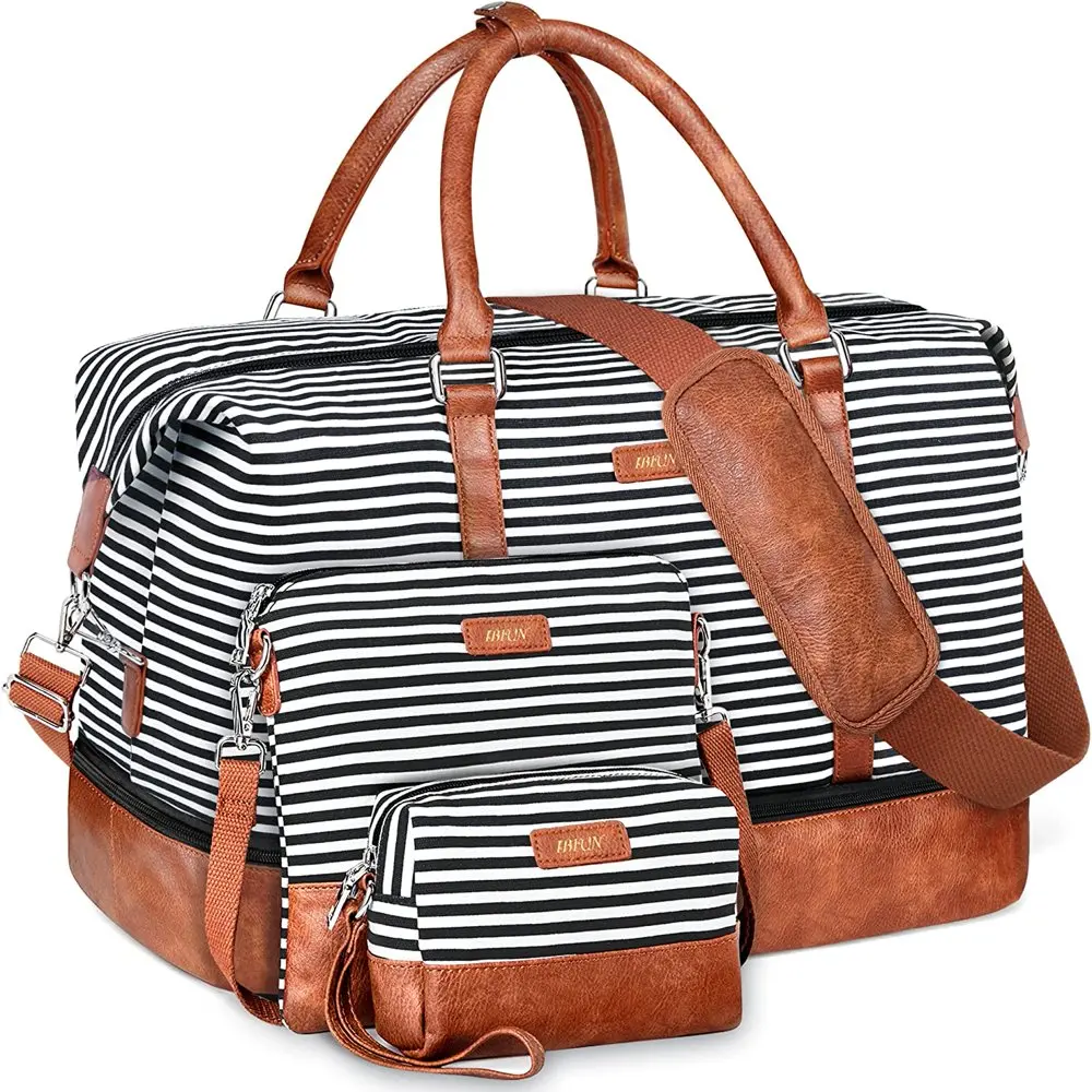 

2023 NEW 21" Drop-Bottom Weekender Duffel Bag Black and White Stripe Canvas 3-in-1 for Women and Men fast shipping