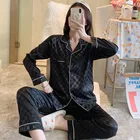 Женские пижамные комплекты, женская пижама, летний Роскошный дизайнерский костюм, комплект с длинным рукавом и брюками, домашняя одежда, Сексуальная атласная шелковая пижама, 2 шт.